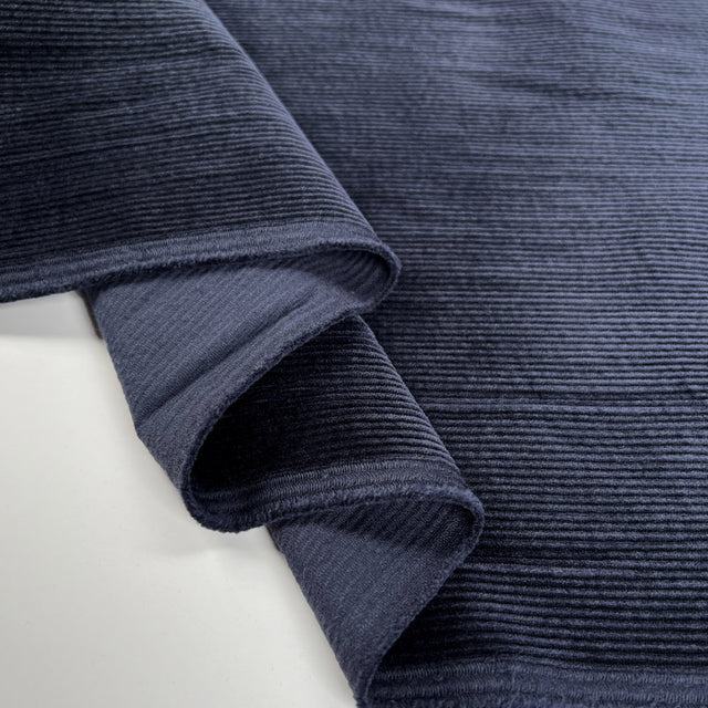 Milano Cord Navy Cotton Elastane 10 Wale Italian Ex Designer Stretch Woven Trouser Fabric Fold