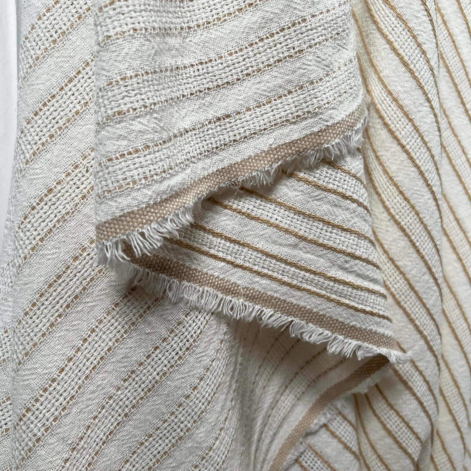 On The Beach White Sand Stripe Cotton Polyester Italian Woven Dress Fabric Hang