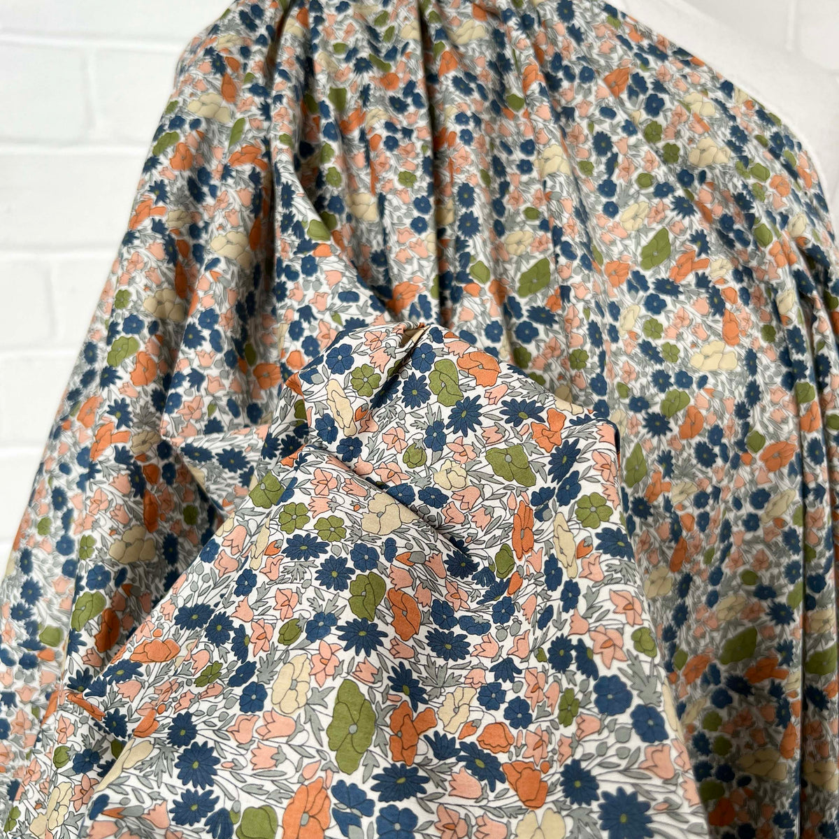 Pima Cotton Lawn Flower Parade Autumn-Orange Blue White Dress Fabric CU