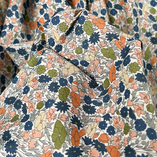 Pima Cotton Lawn Flower Parade Autumn-Orange Blue White Dress Fabric CU