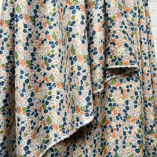 Pima Cotton Lawn Flower Parade Autumn-Orange Blue White Dress Fabric Hang