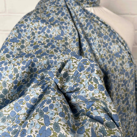 Printed Floral Dress Fabric Pima Cotton Lawn Flower Parade Blue CU