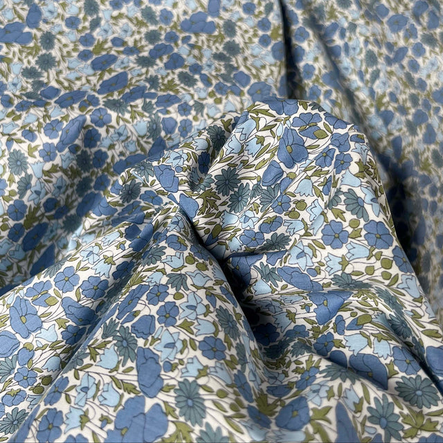 Printed Floral Dress Fabric Pima Cotton Lawn Flower Parade Blue CU