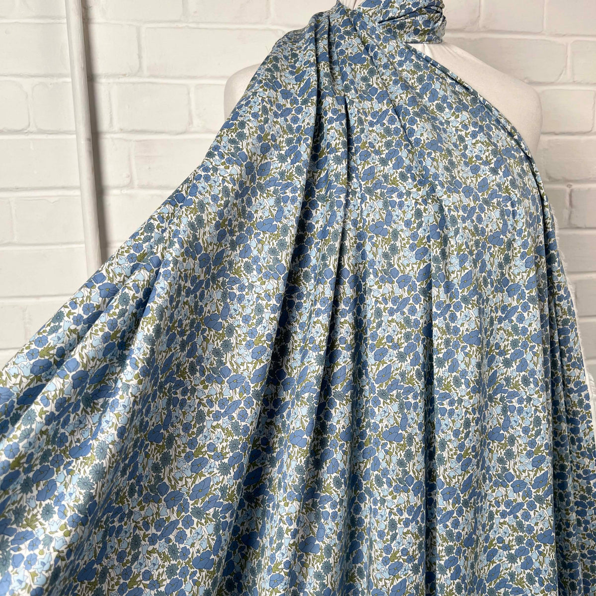 Printed Floral Dress Fabric Pima Cotton Lawn Flower Parade Blue Mannequin
