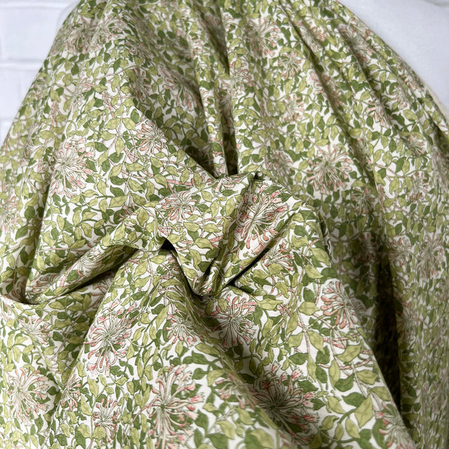 Green Pink Floral Print Dress Fabric Pima Cotton Lawn Honeysuckle CU
