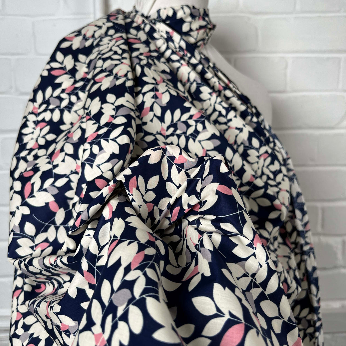 Navy White Floral Print Dress Fabric Pima Cotton Lawn Night Leaves CU