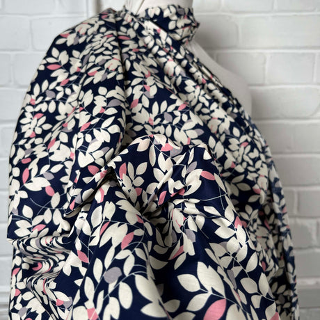 Navy White Floral Print Dress Fabric Pima Cotton Lawn Night Leaves CU