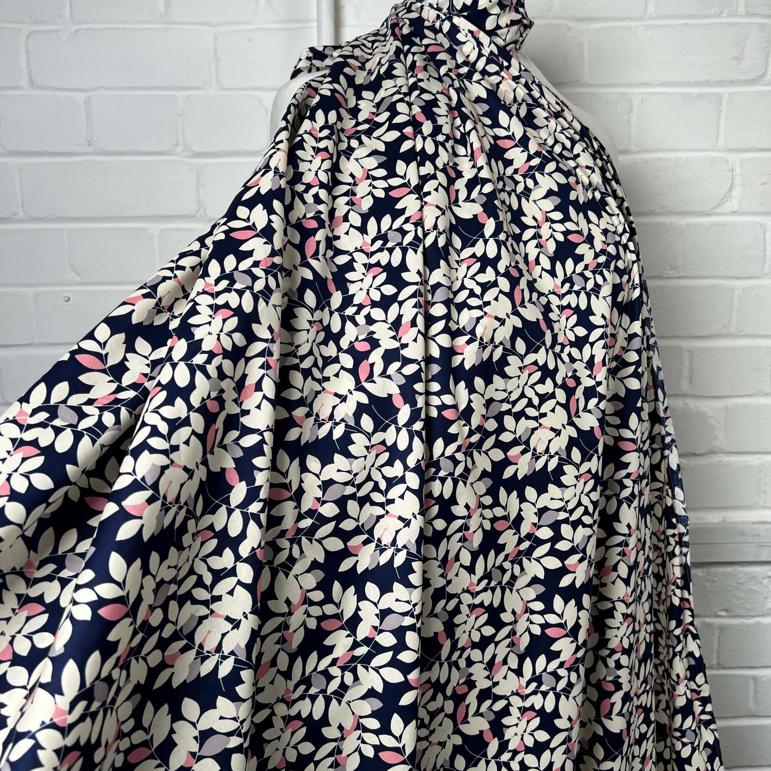 Navy White Floral Print Dress Fabric Pima Cotton Lawn Night Leaves Mannequin
