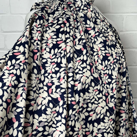 Navy White Floral Print Dress Fabric Pima Cotton Lawn Night Leaves Mannequin