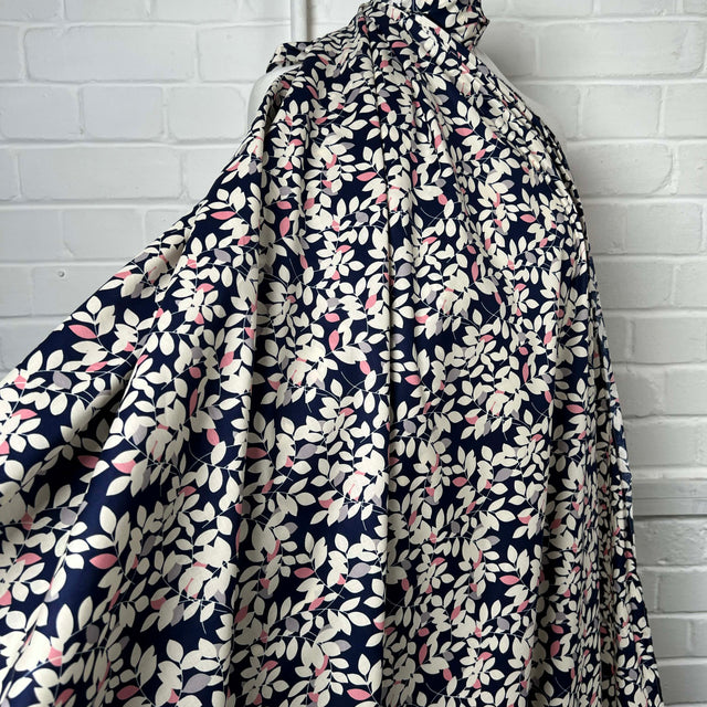 Navy White Floral Print Dress Fabric Pima Cotton Lawn Night Leaves Mannequin