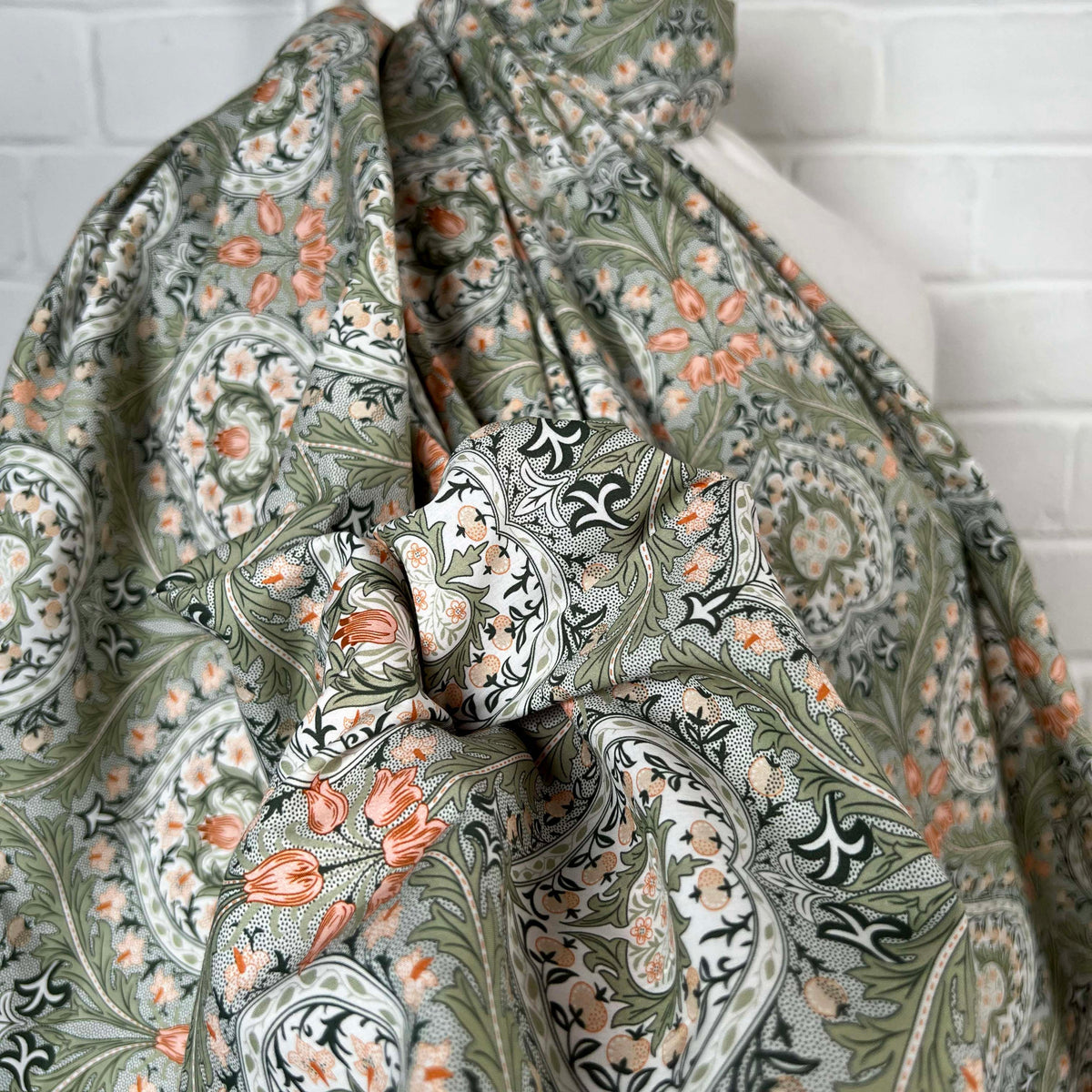 Green Floral Print Dress Fabric Pima Cotton Lawn Orchard Vine CU