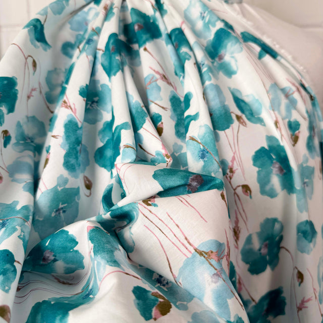 Pima Cotton Lawn Soft Focus Aqua Blue White Floral Dress Fabric CU