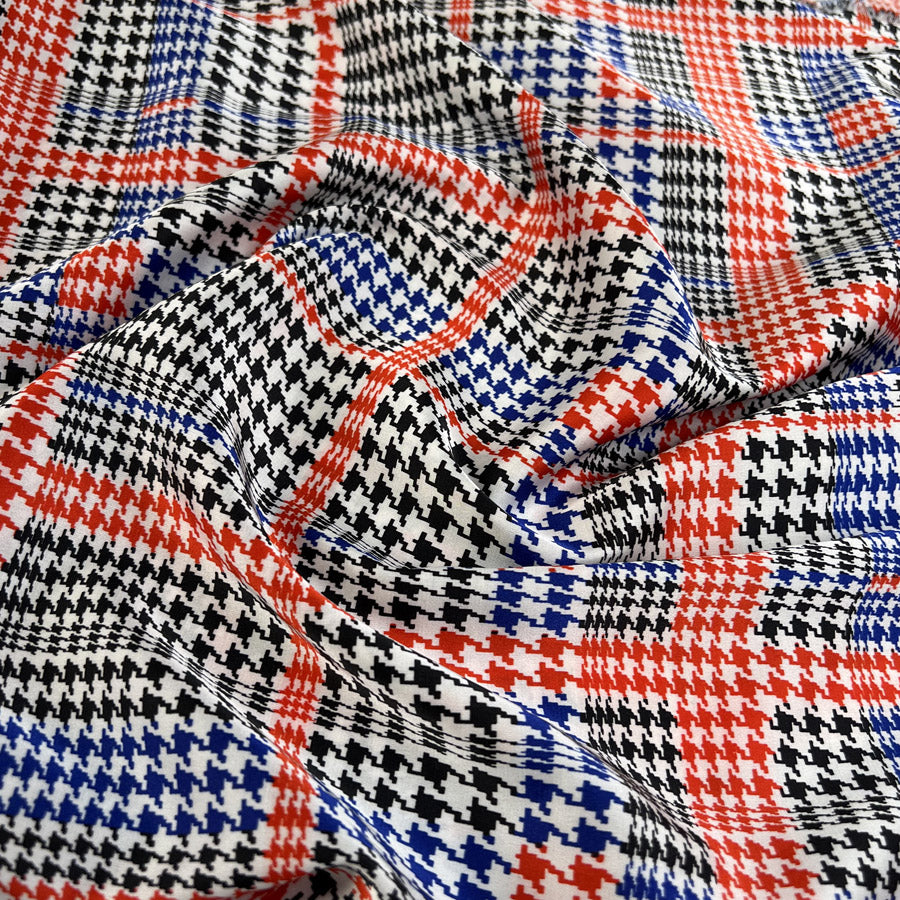 Polyester Satin Dogtooth Check Blue Black Red White Fabric CU2