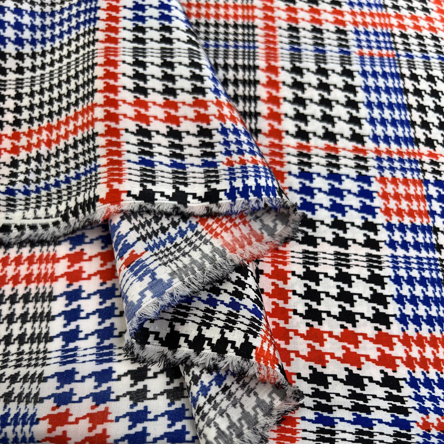 Polyester Satin Dogtooth Check Blue Black Red White Fabric Fold
