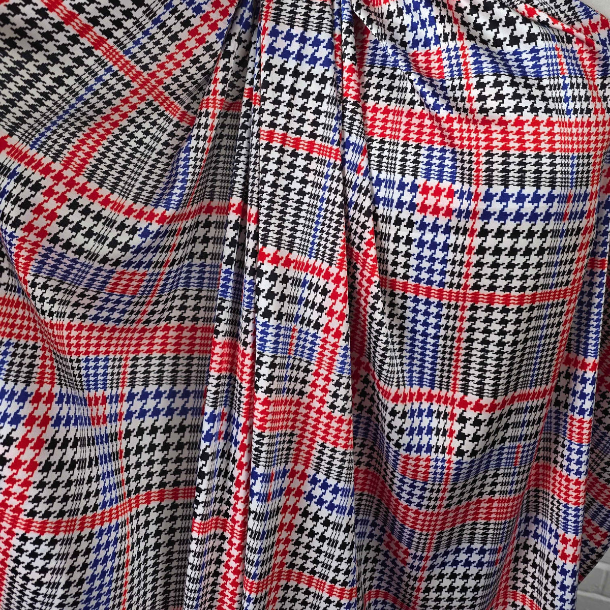 Polyester Satin Dogtooth Check Blue Black Red White Fabric 