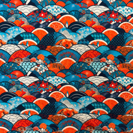 Poplin Print Ocean Scales Blue Orange Cotton Fabric Full