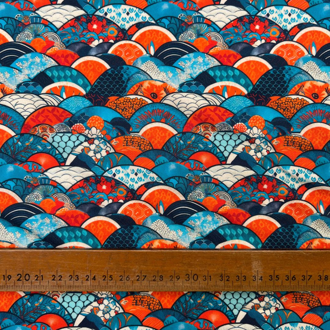 Poplin Print Ocean Scales Blue Orange Cotton Fabric Ruler
