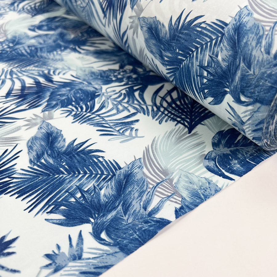 Leaf Print Cotton Fabric Poplin Print Sunset Cove Blue Roll