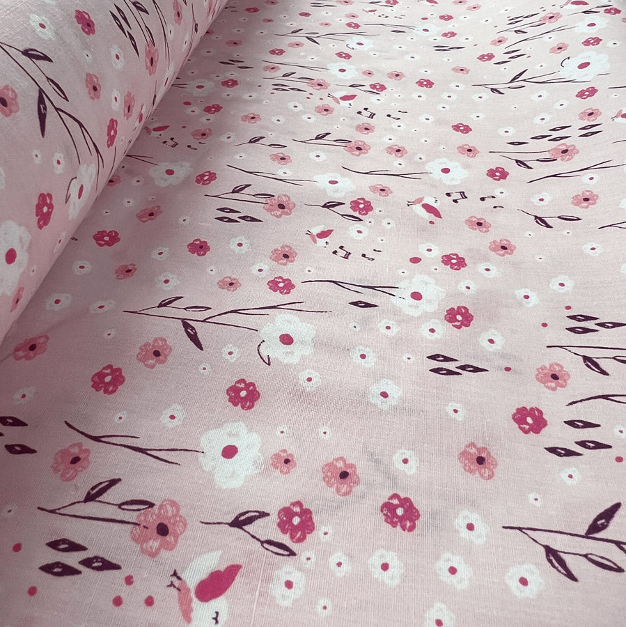 Pretty Polly Pink Garden Cotton Polyester Floral Print Fabric roll