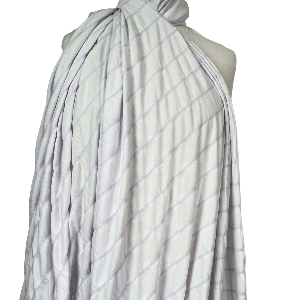 Cotton Polyester Jersey Dress Fabric Pucker Up - Lilac Stripe Mannequin