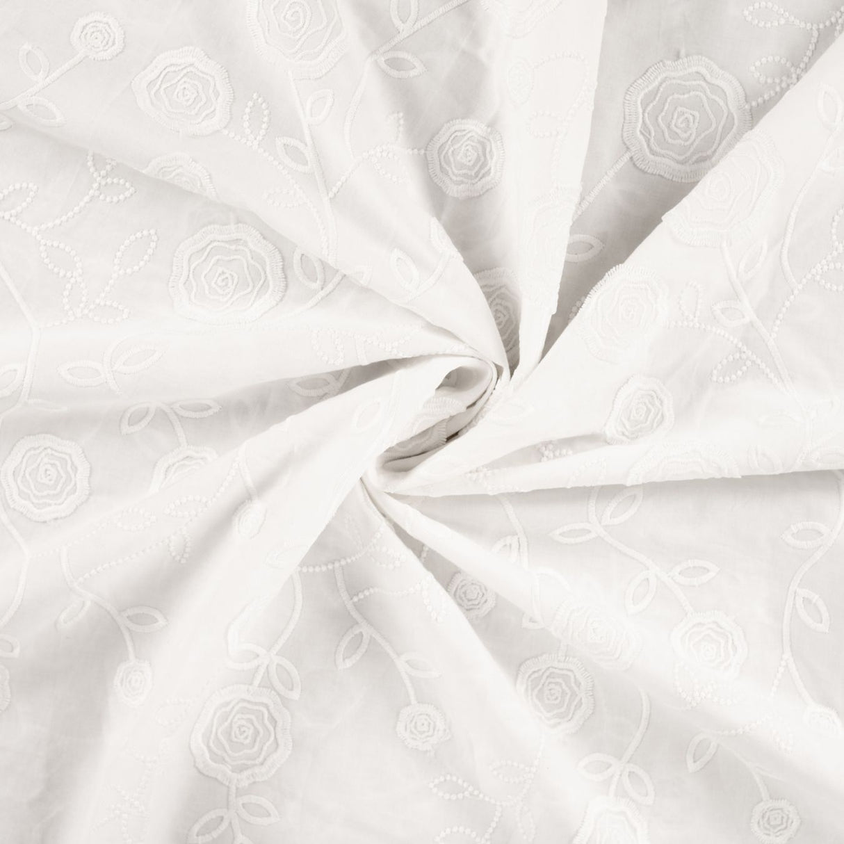 Rosalie White Embroidered Cotton Poplin 160gsm Dress Fabric Swirl