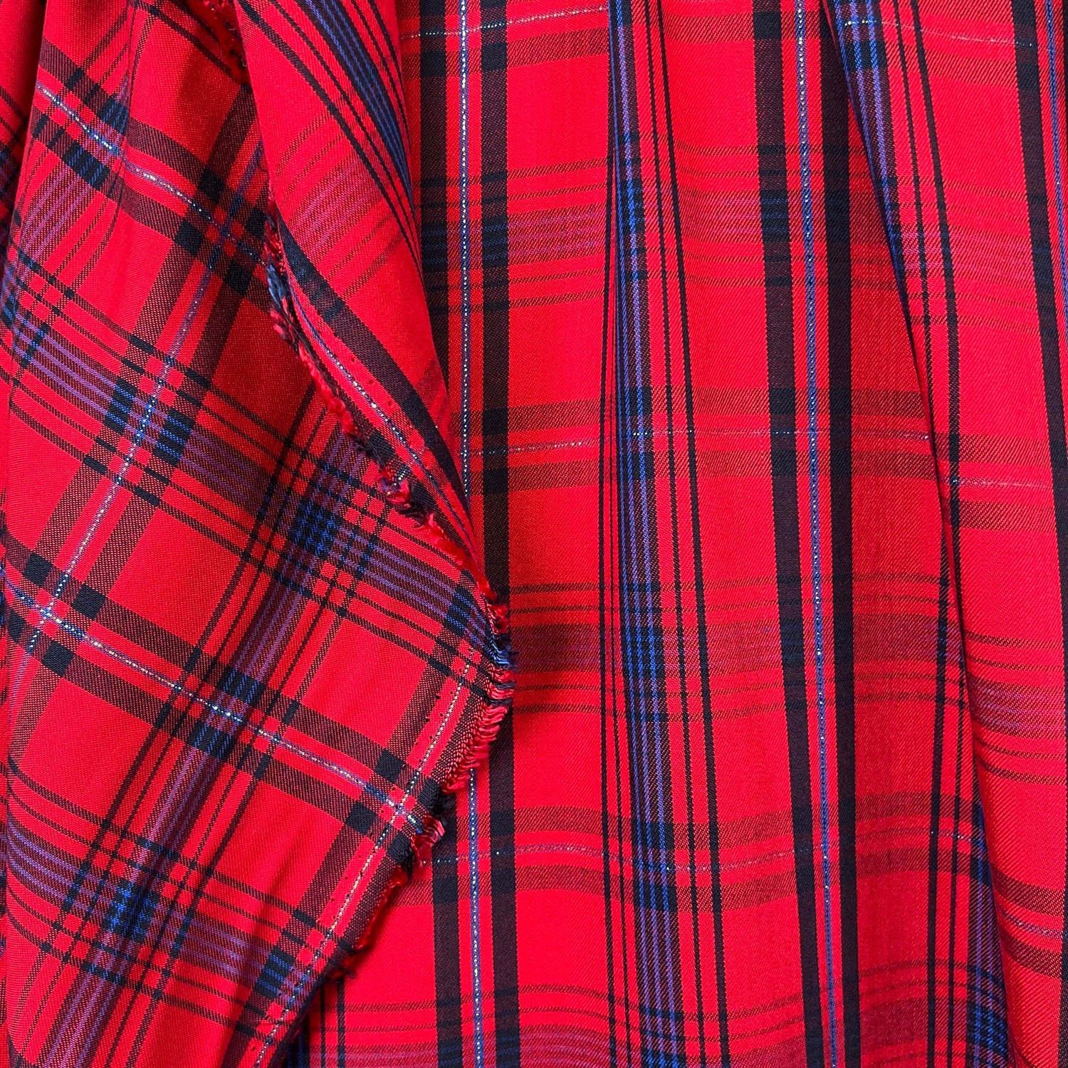 Shine On Shirting Cotton Viscose Lurex Red Blue Black Check Fabric Hang