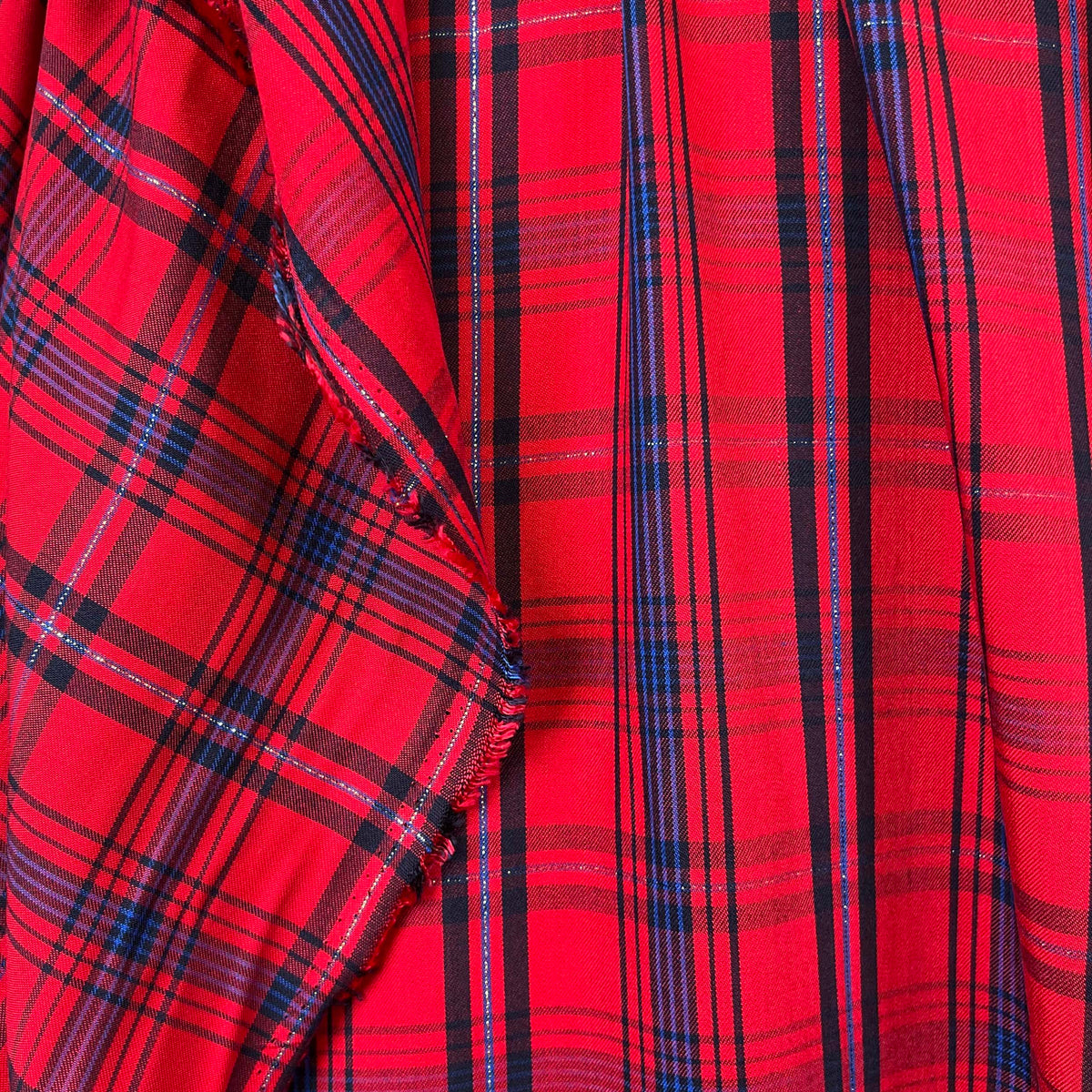 Shine On Shirting Cotton Viscose Lurex Red Blue Black Check Fabric Hang