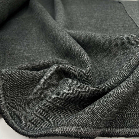 Silent Patient Wool Polyester Mix Black Grey Herringbone Woven Coating Fabric CU