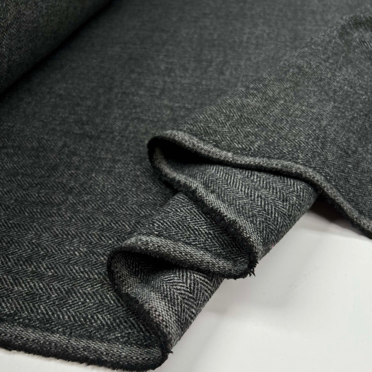 Silent Patient Wool Polyester Mix Black Grey Herringbone Woven Coating Fabric Fold