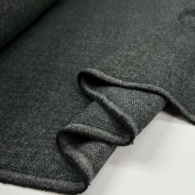 Silent Patient Wool Polyester Mix Black Grey Herringbone Woven Coating Fabric Fold