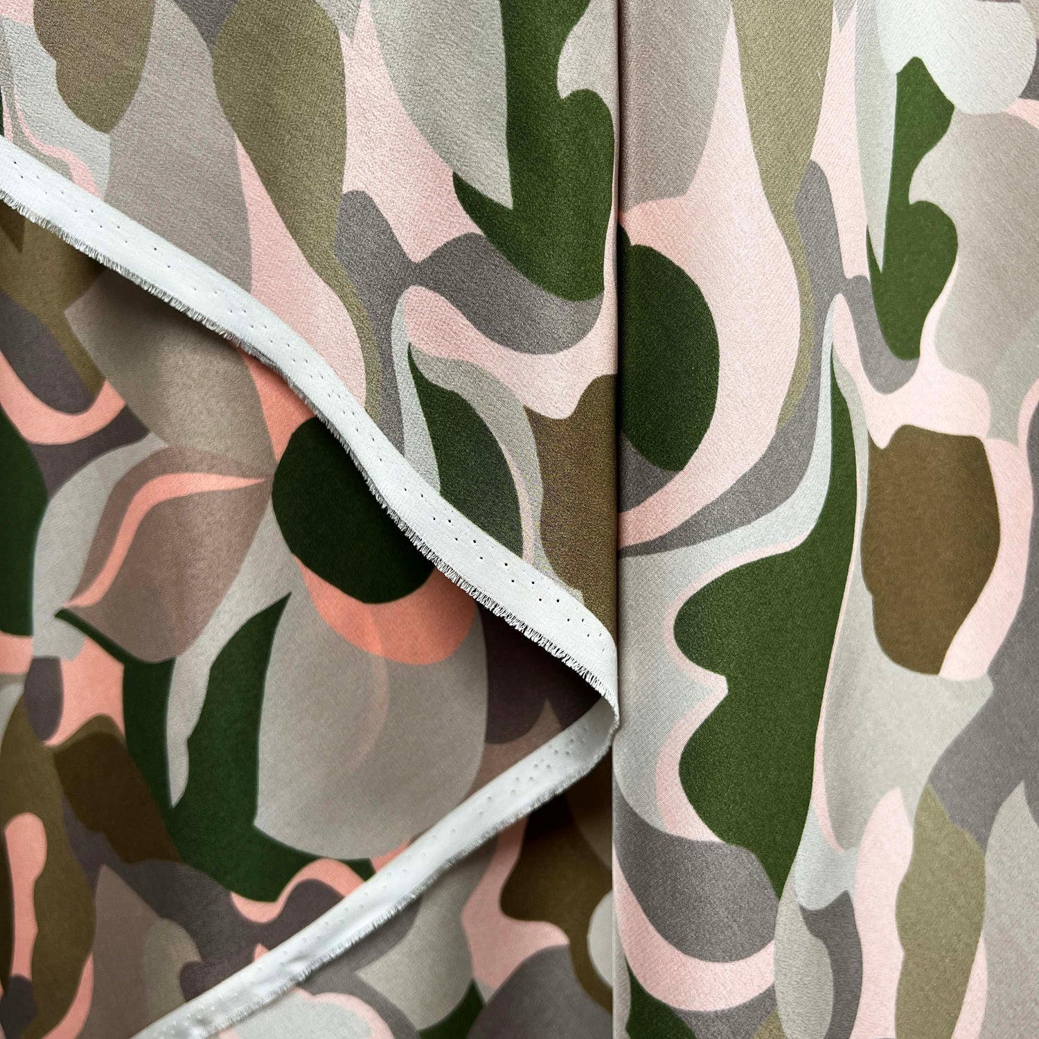 Silk Crepe De Chine Maisie Italian Pink Green Camo Fabric Hang