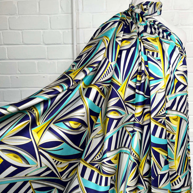 Silks Of Italy Look Again Blue Abstract Yellow Eye Fabric 