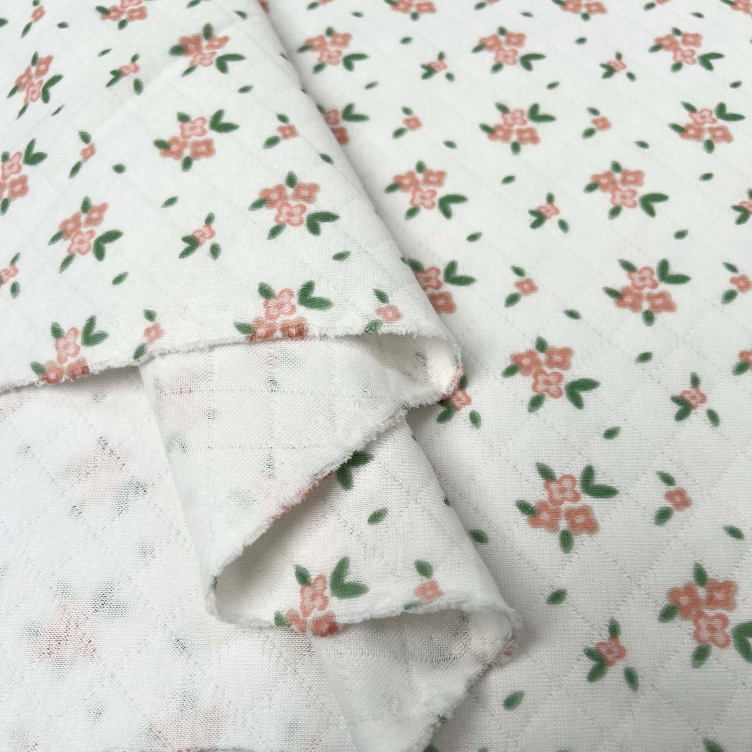 Pink Floral Print Quilted Cotton Jersey Fabric Sophies' Dream Fold