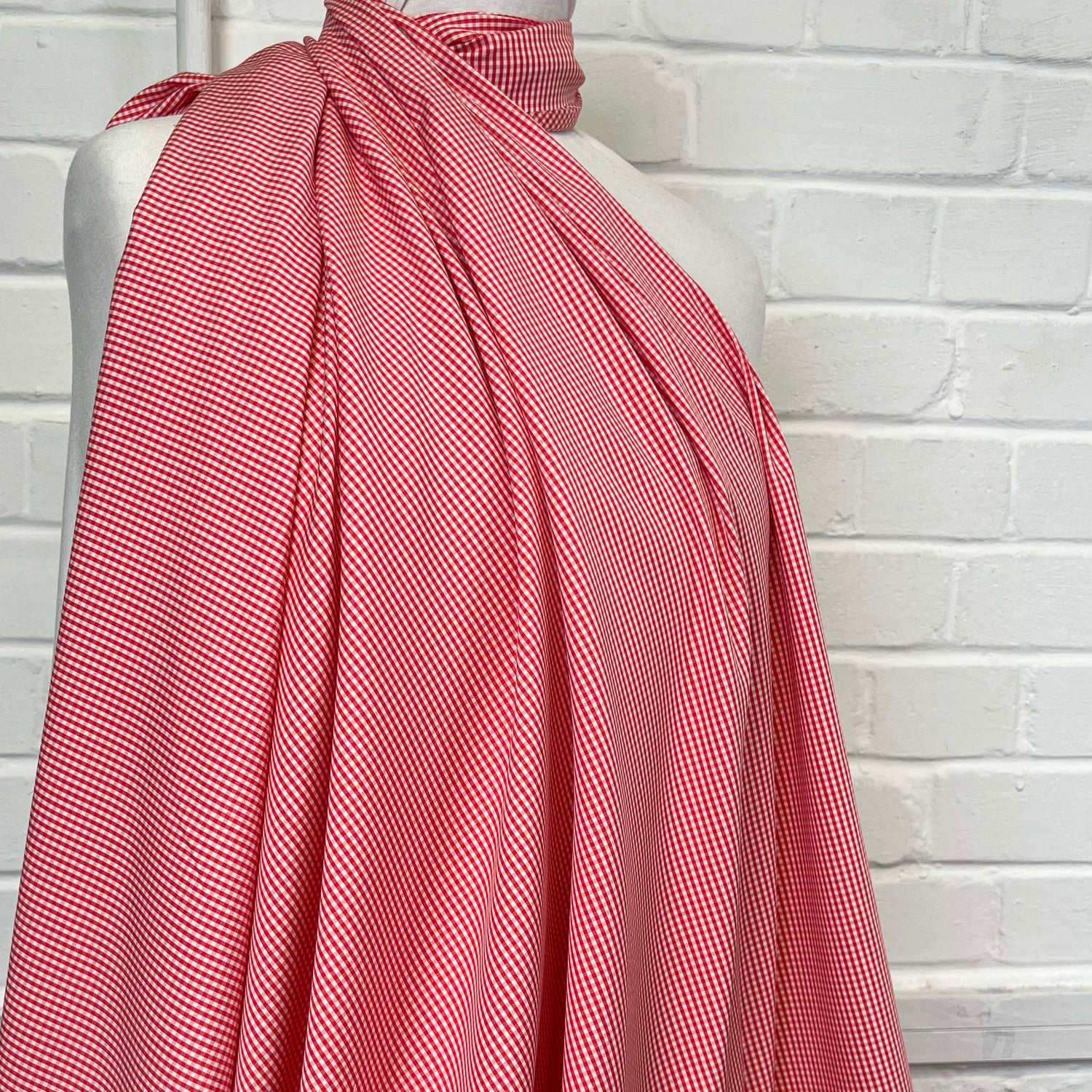 Red & White Fine Check Cotton Shirting Fabric Strawberry Picnic Mannequin
