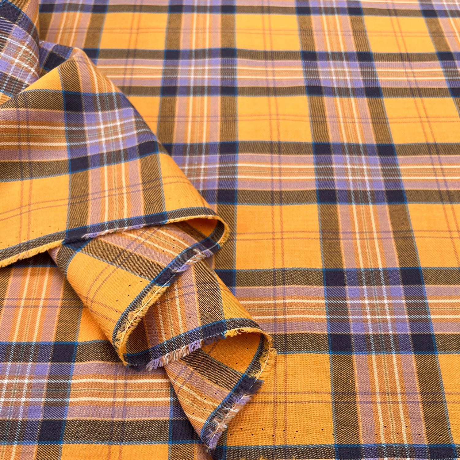 Yellow & Purple Check Cotton Shirting Fabric Sunrise On The Border Fold