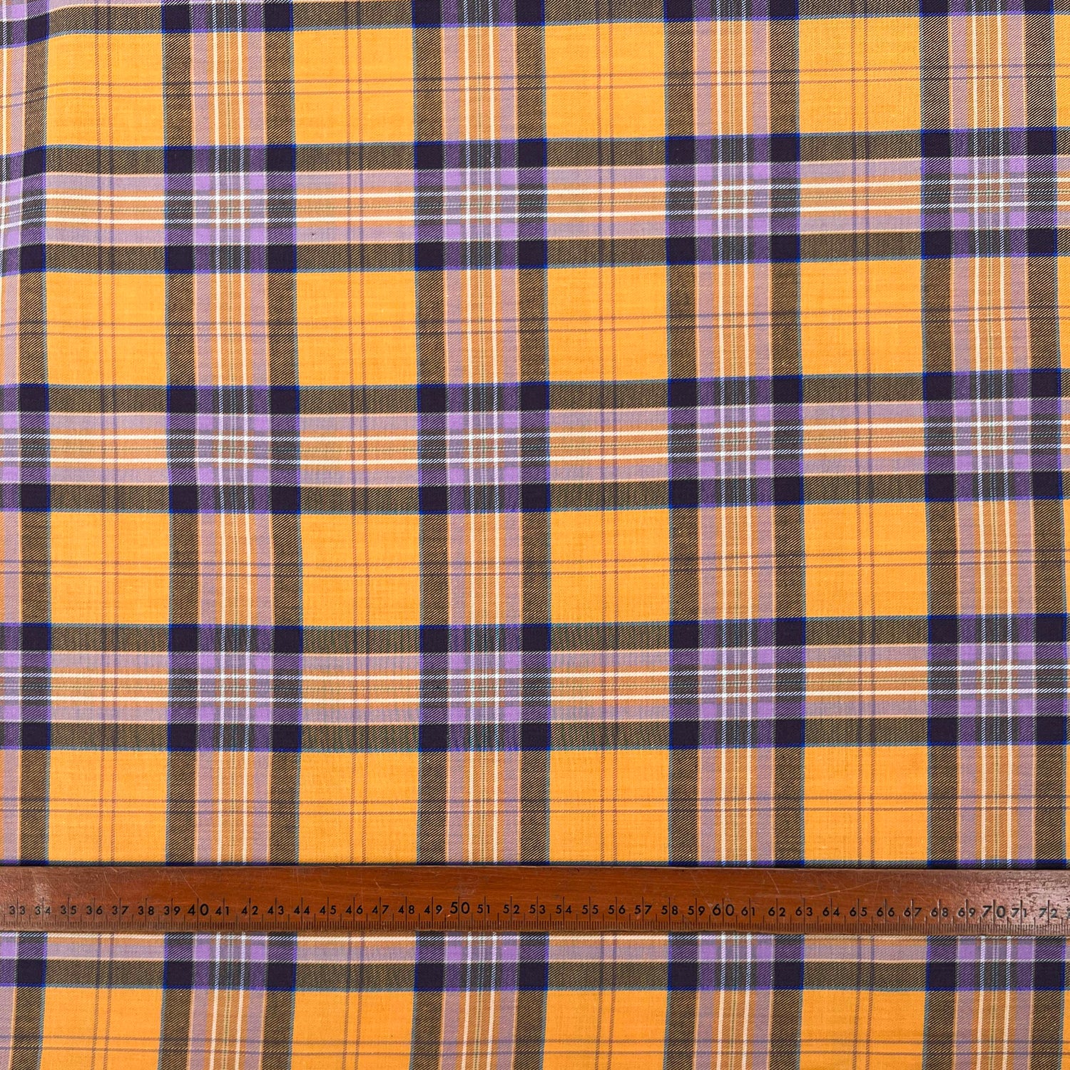 Yellow & Purple Check Cotton Shirting Fabric Sunrise On The Border Ruler