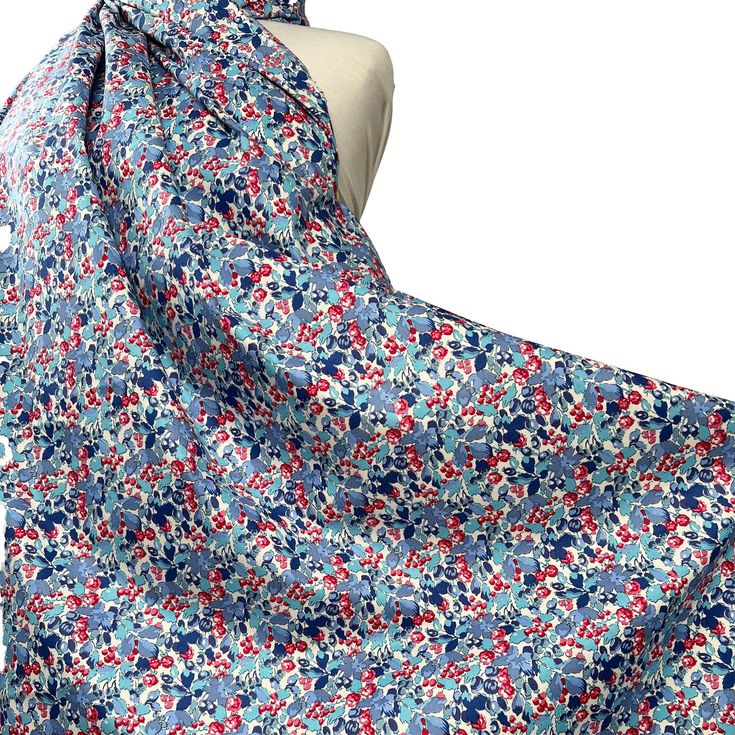 Sussex Cotton Lawn Berry Blossom Breeze Blue Red Floral Dress Fabric Mannequin