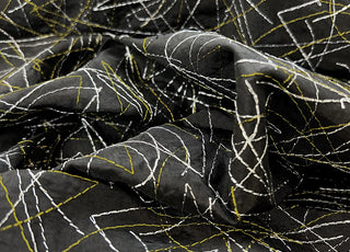 Taffeta A Stitch In Time Abstract Black Gold Silver Fabric CU
