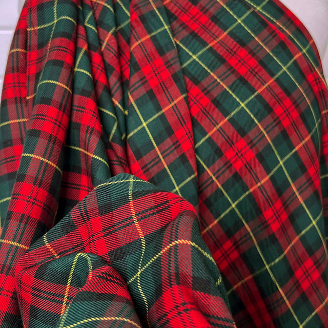 Tartan Aoife Polyester Viscose Red Green Check Dress Fabric Close up