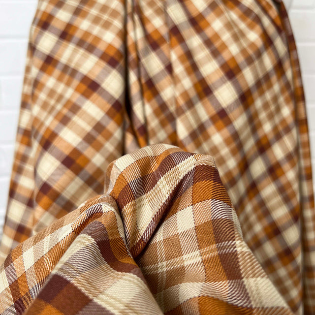 Tartan Lachlan Polyester Viscose Caramel Rust Orange Check Dress Fabric Close up
