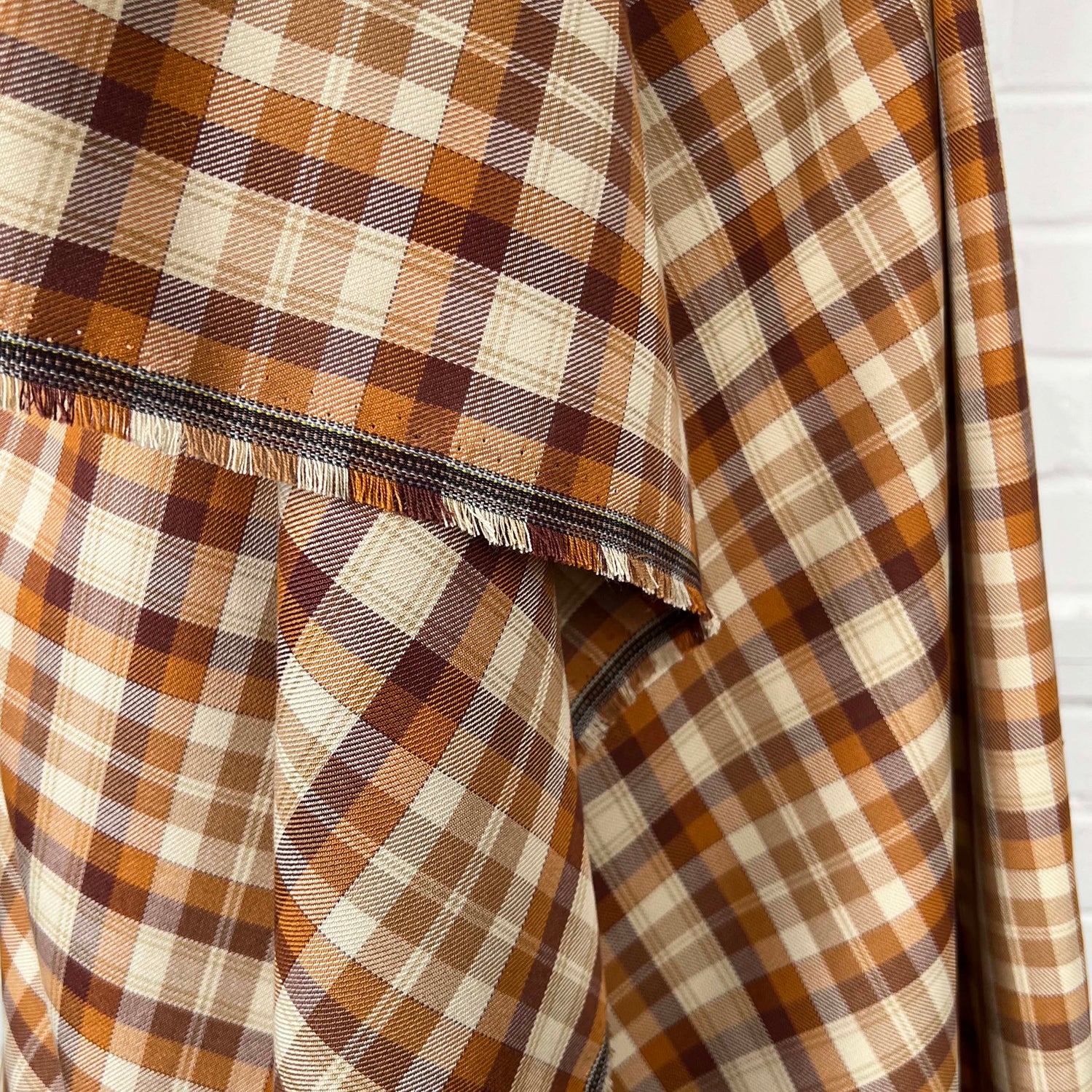 Tartan Lachlan Polyester Viscose Caramel Rust Orange Check Dress Fabric Hang