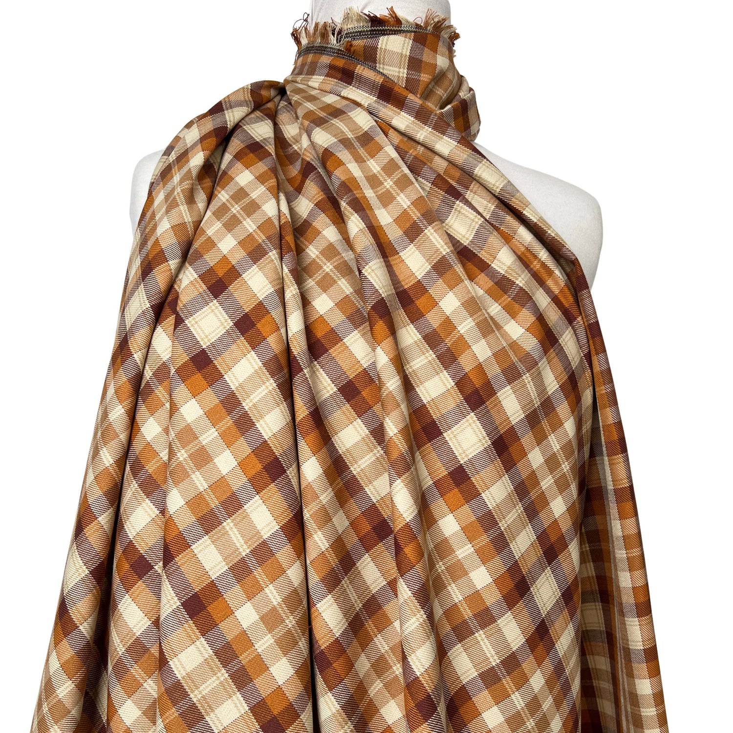 Tartan Lachlan Polyester Viscose Caramel Rust Orange Check Dress Fabric Mannequin