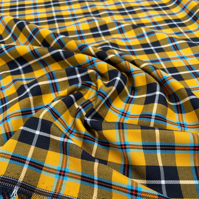Tartan Lowen Polyester Viscose Mustard Yellow Black Check Dress Fabric Close up