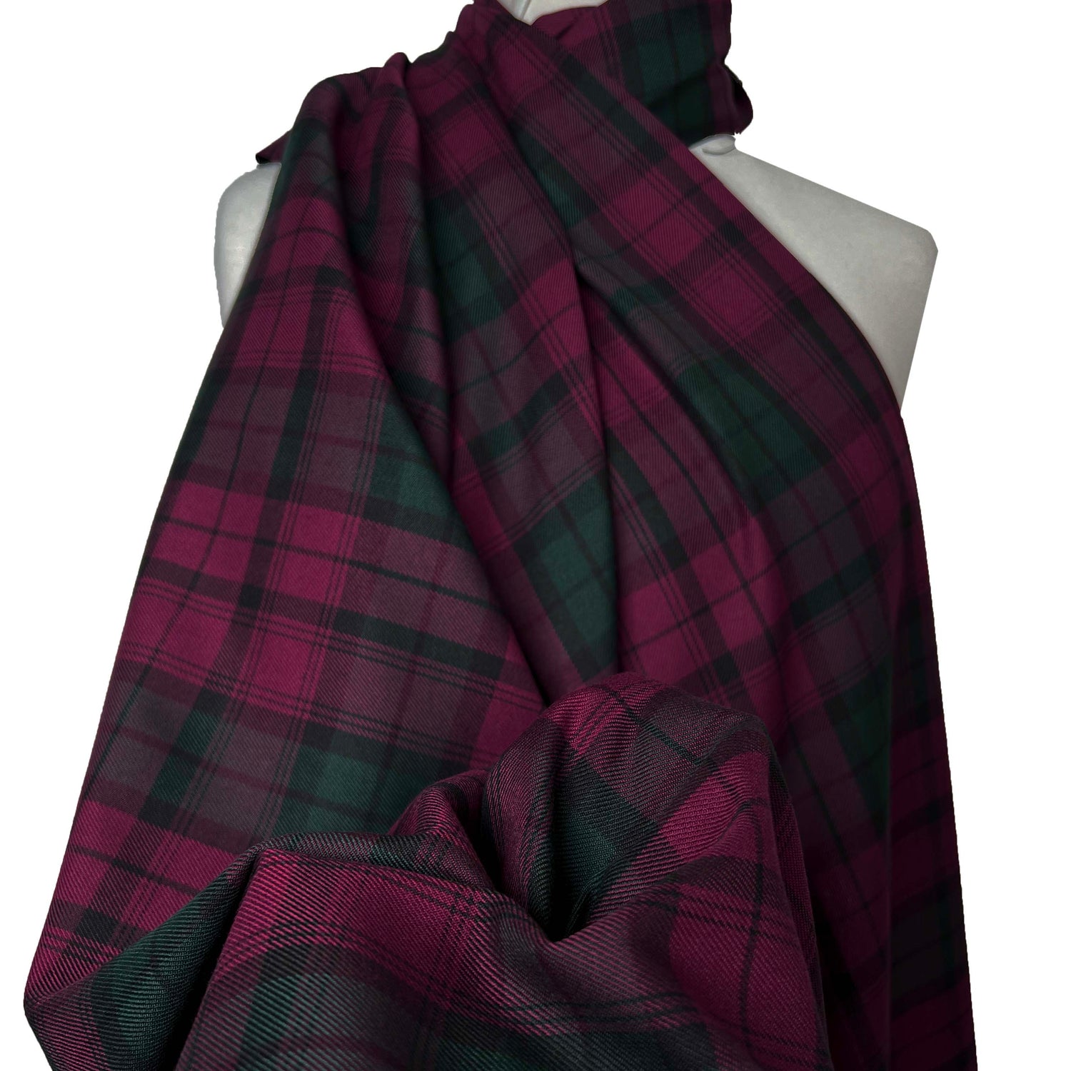 Tartan Mhairi Polyester Viscose Pink Green Muted Check Dress Fabric Close Up