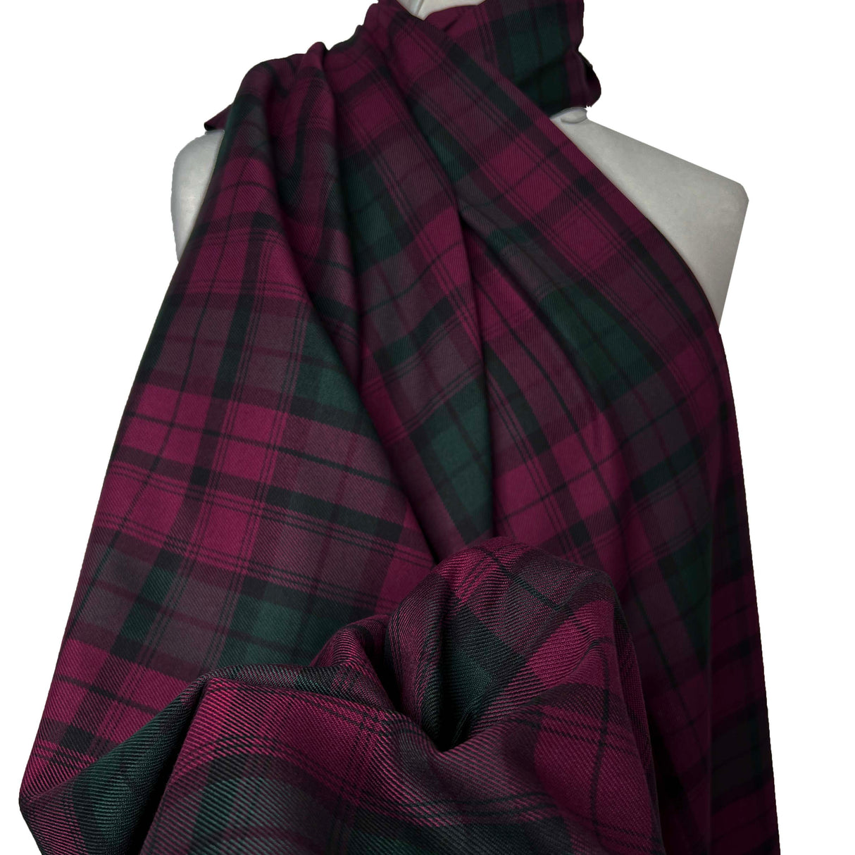 Tartan Mhairi Polyester Viscose Pink Green Muted Check Dress Fabric Close Up