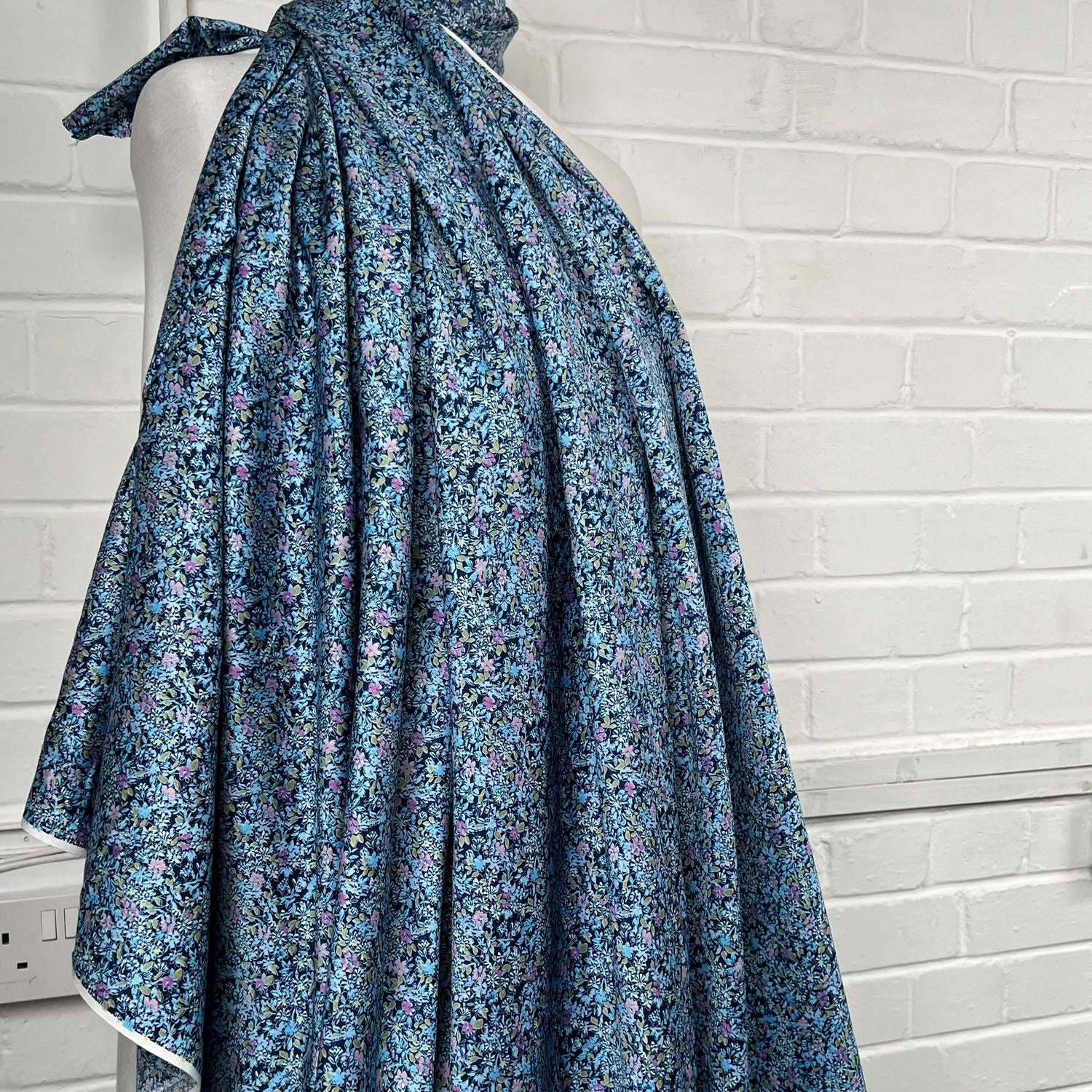 Cotton Sateen Blue Ditsy Floral Dressmaking Fabric Tea Dance Side