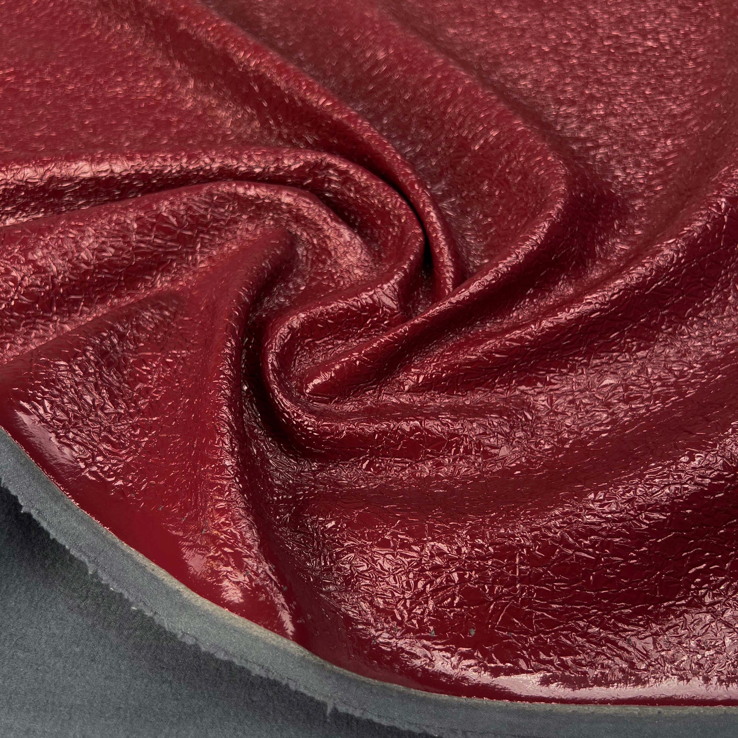 Thrille Red Faux Leather Polyester Grey Brushed Reverse Crackle Fabric Close-Up
