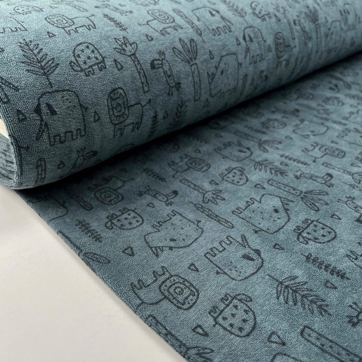 Towelling Animal Friends Blue Cotton Polyester Jersey Fabric Bolt