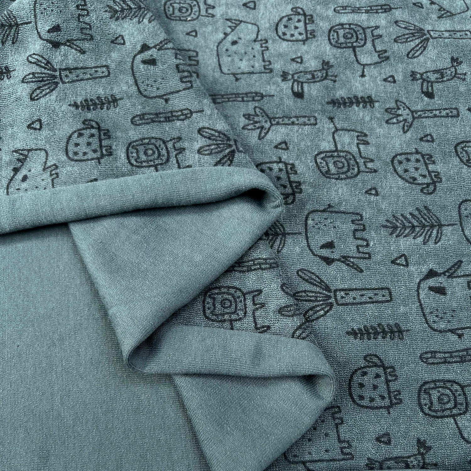Towelling Animal Friends Blue Cotton Polyester Jersey Fabric Fold