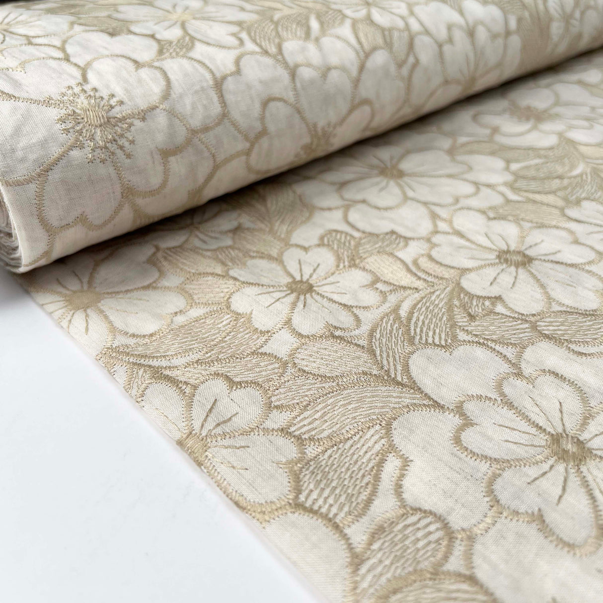 Vintage_Embroidered_Cotton_Floral_Sand_169gsm_Dress_Fabric_Bolt